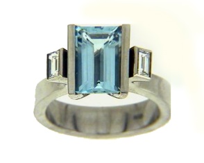 Aquamarine And Diamond Baguette Ring 
